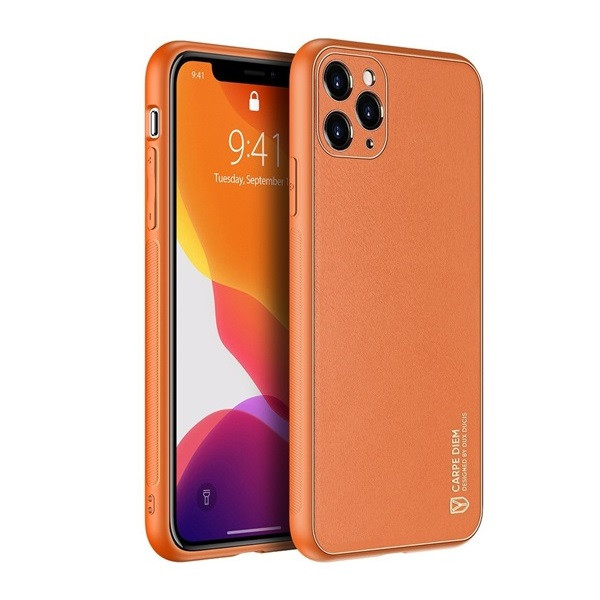 Apple iPhone 12 Pro Max, Műanyag hátlap védőtok + szilikon fémhatású keret, közepesen ütésálló, bőrhatású hátlap, Dux Ducis Yolo, narancssárga (G107871)