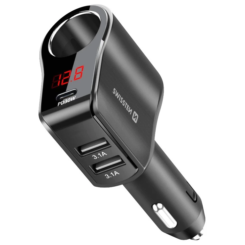 Swissten 20114020 2x USB Type-A / 1x USB Type-C Autós töltő - Fekete (108-216W)