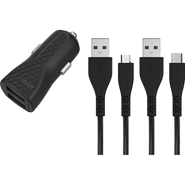 Energizer LifeTime Autós töltő, 2.4A, 2USB, MicroUSB töltő + Type C, 1.2m, Fekete