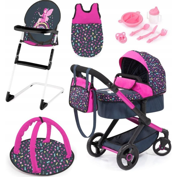 Bayer Xeo Doll's Stroller, High Chair, Navy Blue Sleeping Bag With Accessories 17080ab