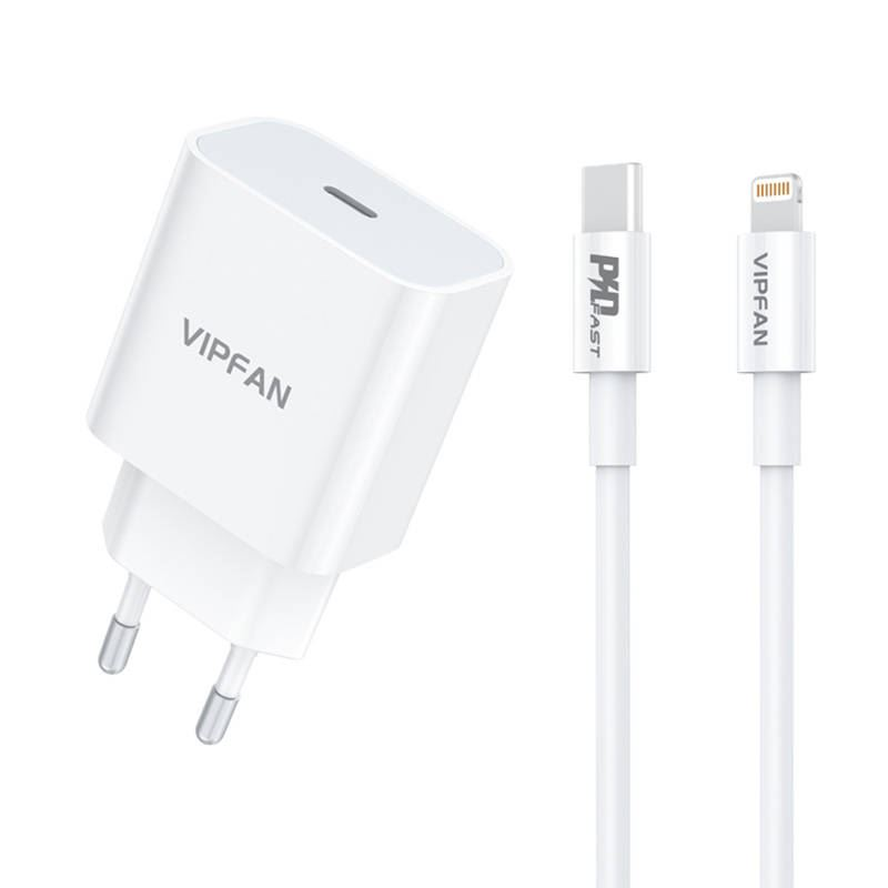 Vipfan E04 fali töltő USB-C, 20W, QC 3.0 + USB-C - Lightning kábel fehér (E04-CL) (E04 CL)