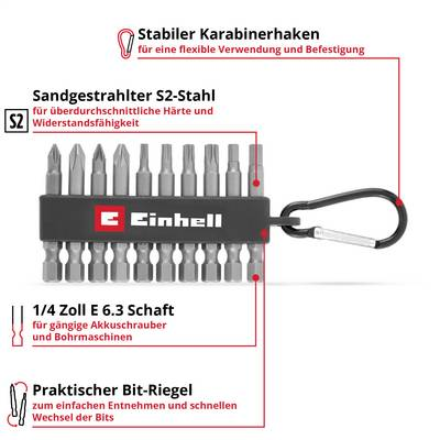 Einhell Karabiner Bit Set 10tlg  Bit készlet 1/4 (6.3 mm), PH, PZ, TORX, Hatlap (118623)