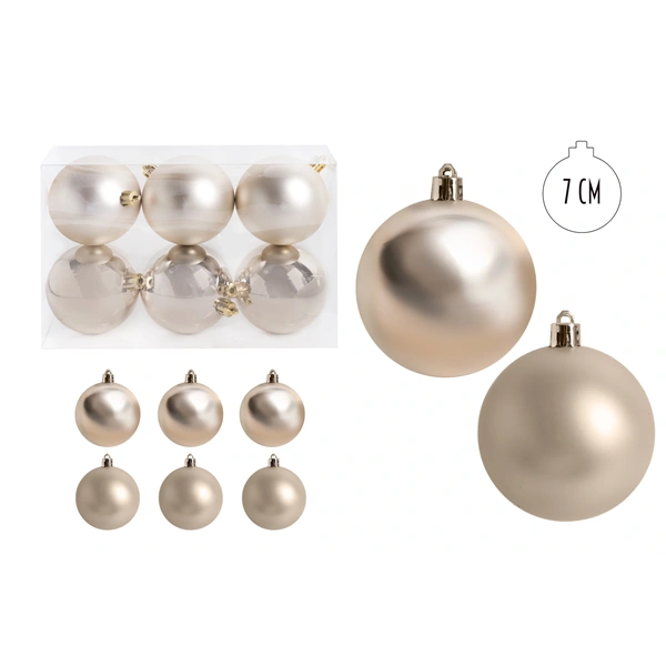IRIS karácsonyi dísz gömb, szettben, pvc dobozban, 6dbos, krém silver 7 cm (050413)