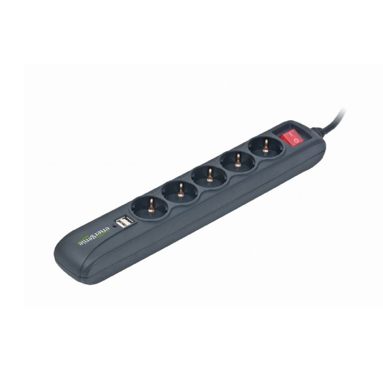 Gembird SPG5-U2-5 túlfeszültségvédő / elosztó 5 Schuko + 2 USB 1.5m fekete (SPG5-U2-5)