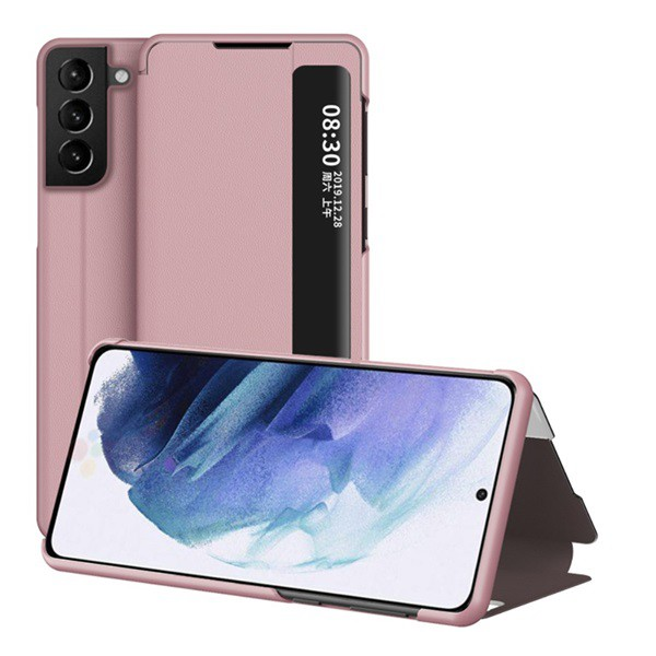 Tok álló, bőr hatású (aktív FLIP, oldalra nyíló, asztali tartó funkció, hívószámkijelzés, View Window) ROZÉARANY [Samsung Galaxy S21 Plus (SM-G996) 5G] (5996591037271)