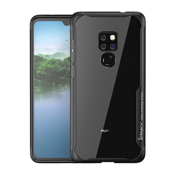 IPAKY műanyag telefonvédő (szilikon keret, közepesen ütésálló, átlátszó hátlap, légpárnás sarok) FEKETE [Huawei Mate 20]