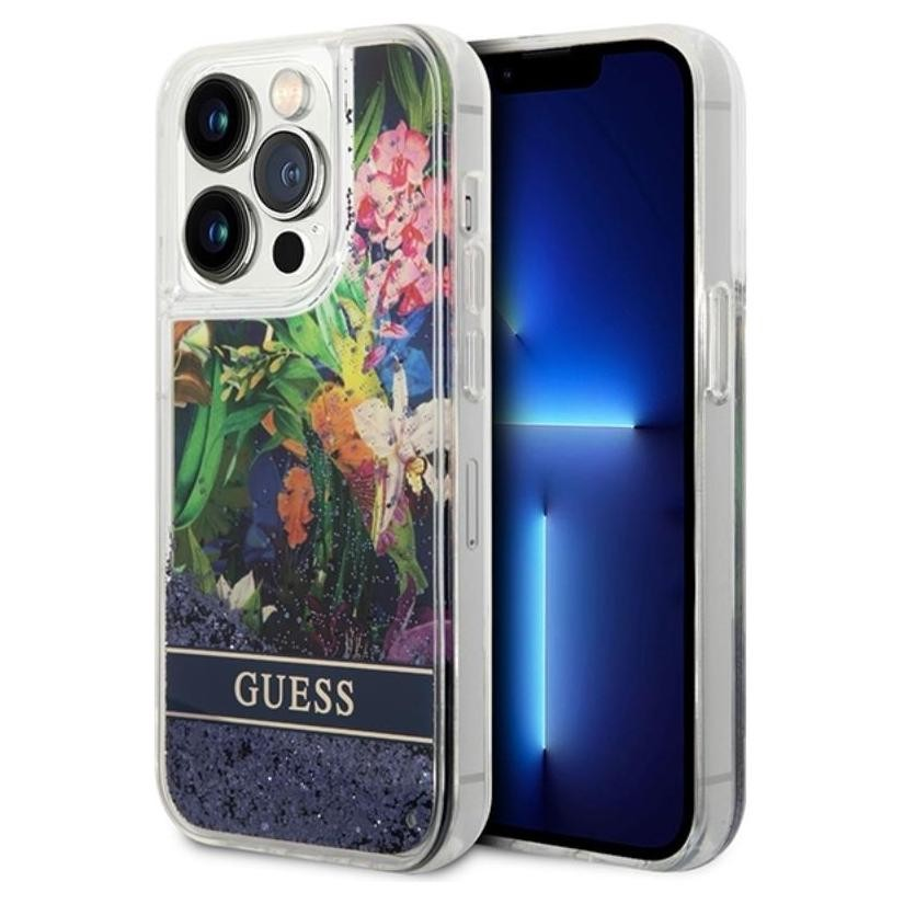 Guess Liquid Glitter Flower Apple iPhone 14 Pro Max Tok - Kék/Mintás (GUHCP14XLFLSB)