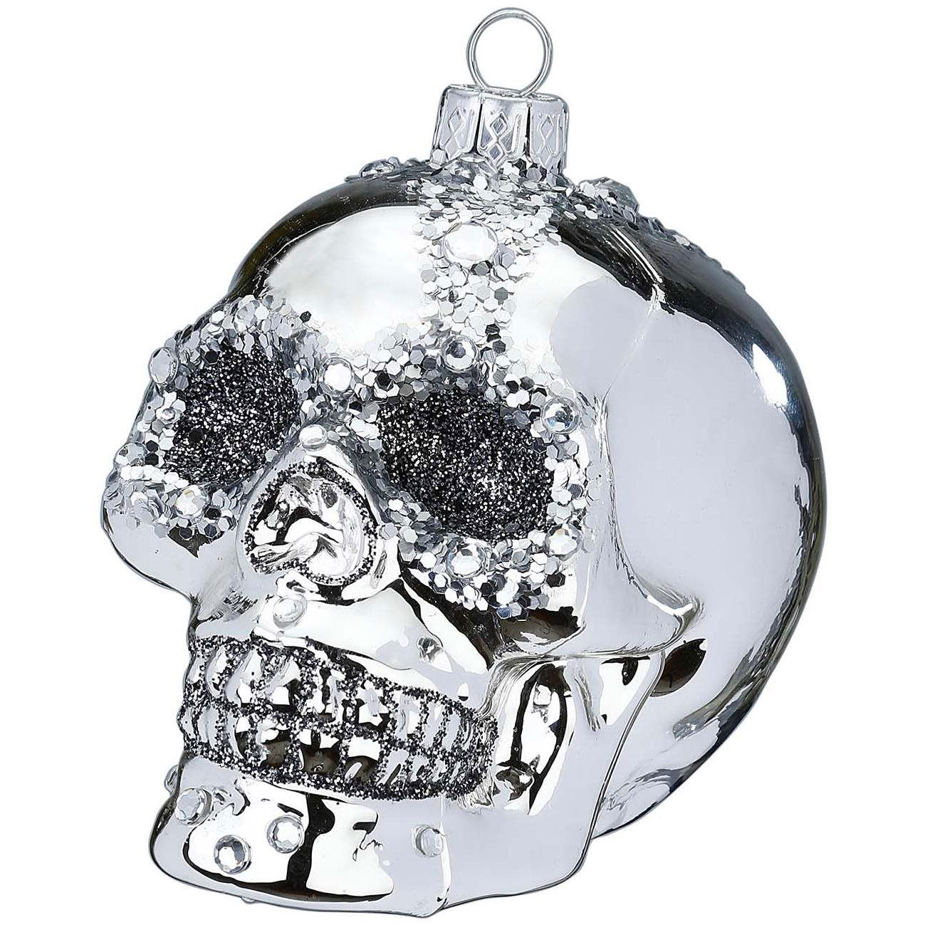 LAALU dísz: koponya csillámokkal 9 cm, ezüst (LAU-2860)