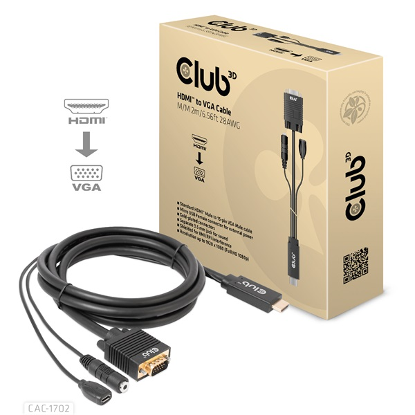 Club3D Kábel - (HDMI to VGA, M/M, 2m, 28AWG, 1080p, 3.5mm jack, Micro USB táplálás) (CAC-1712)