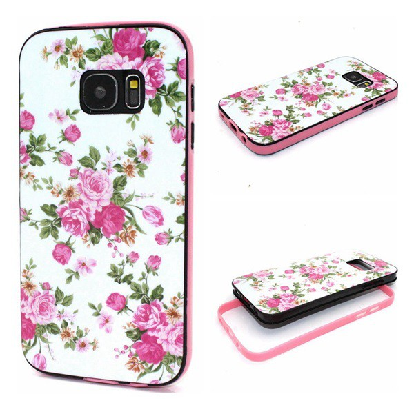 Műanyag telefonvédő (szilikon keret, rózsaszín virág minta) FEHÉR [Samsung Galaxy S7 (SM-G930)] (5996457635313)