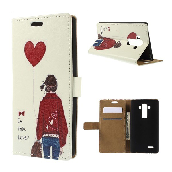 Tok álló, bőr hatású (FLIP, oldalra nyíló, asztali tartó funkció, lány, lufi minta) FEHÉR [LG G4 (H815)] (5996457540372)