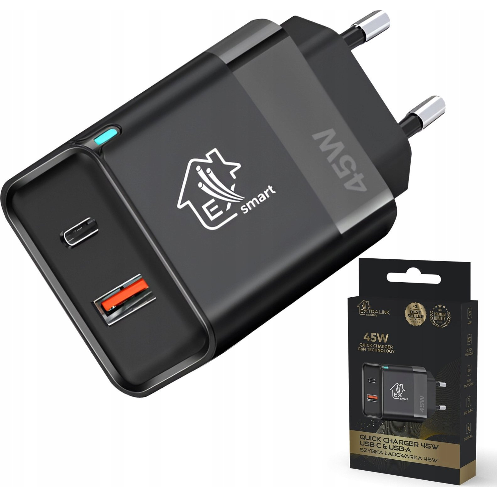 ExtraLink CHARESL05 Smart Life USB-A / USB-C Hálózati gyorstöltő Adapter 45W - Fekete (CHARESL05)