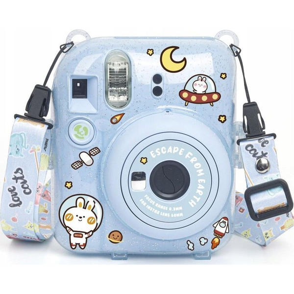 Pokrowiec LoveInstant Futerał Etui Pokrowiec Case do FujiFilm Fuji INSTAX Mini 12 + Naklejki i Kieszeń na Zdjęcia / Ucieczka z Ziemi / Niebieski Brokat