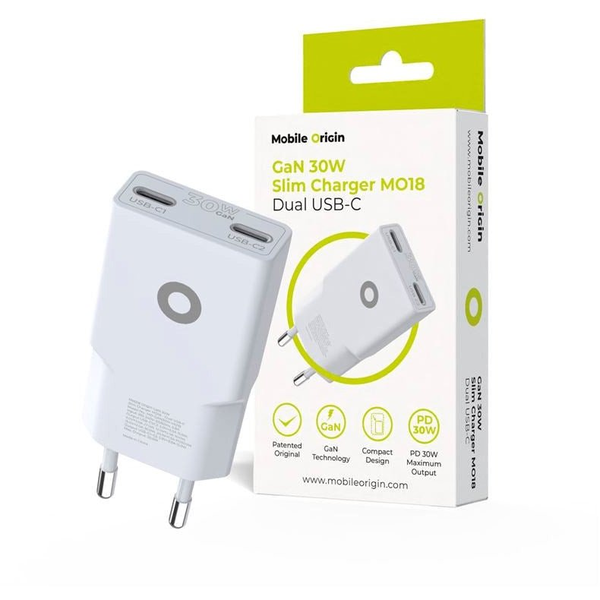 Síťová nabíječka 2x USB-C, 30W Mobile Origin, Power Delivery, GaN,