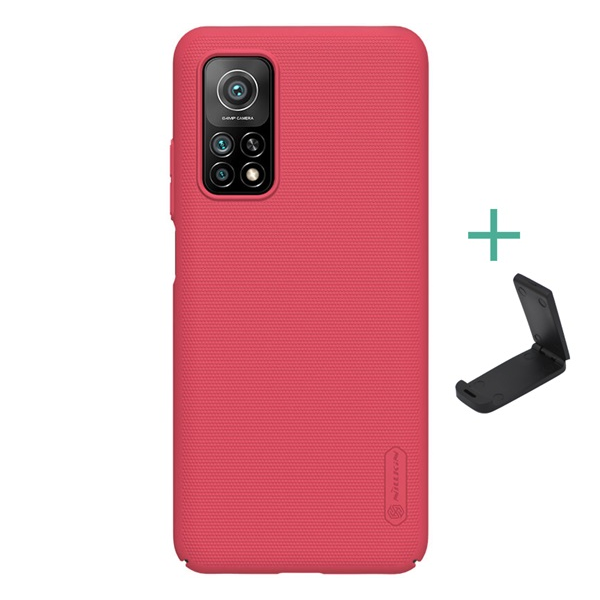 Калъф за телефон Nillkin Super Frosted пластмасов гръб (гумирана, грапава повърхност + настолен държач), червен [Xiaomi Mi 10T 5G, Xiaomi Mi 10T Pro 5G]
