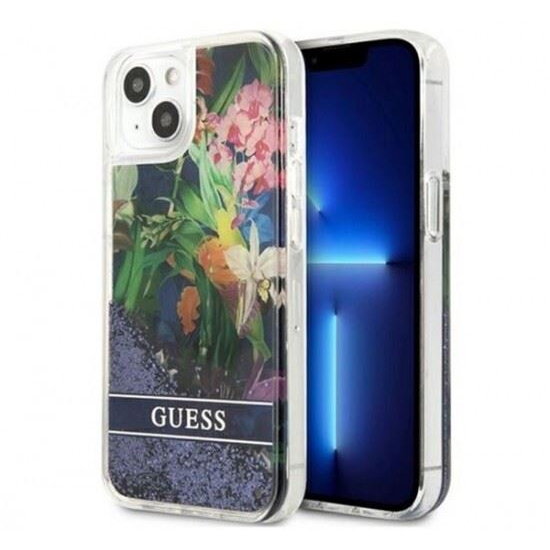 Funda Guess Purpurina Líquida Para Iphone 13 Mini Con Flores Color Azul