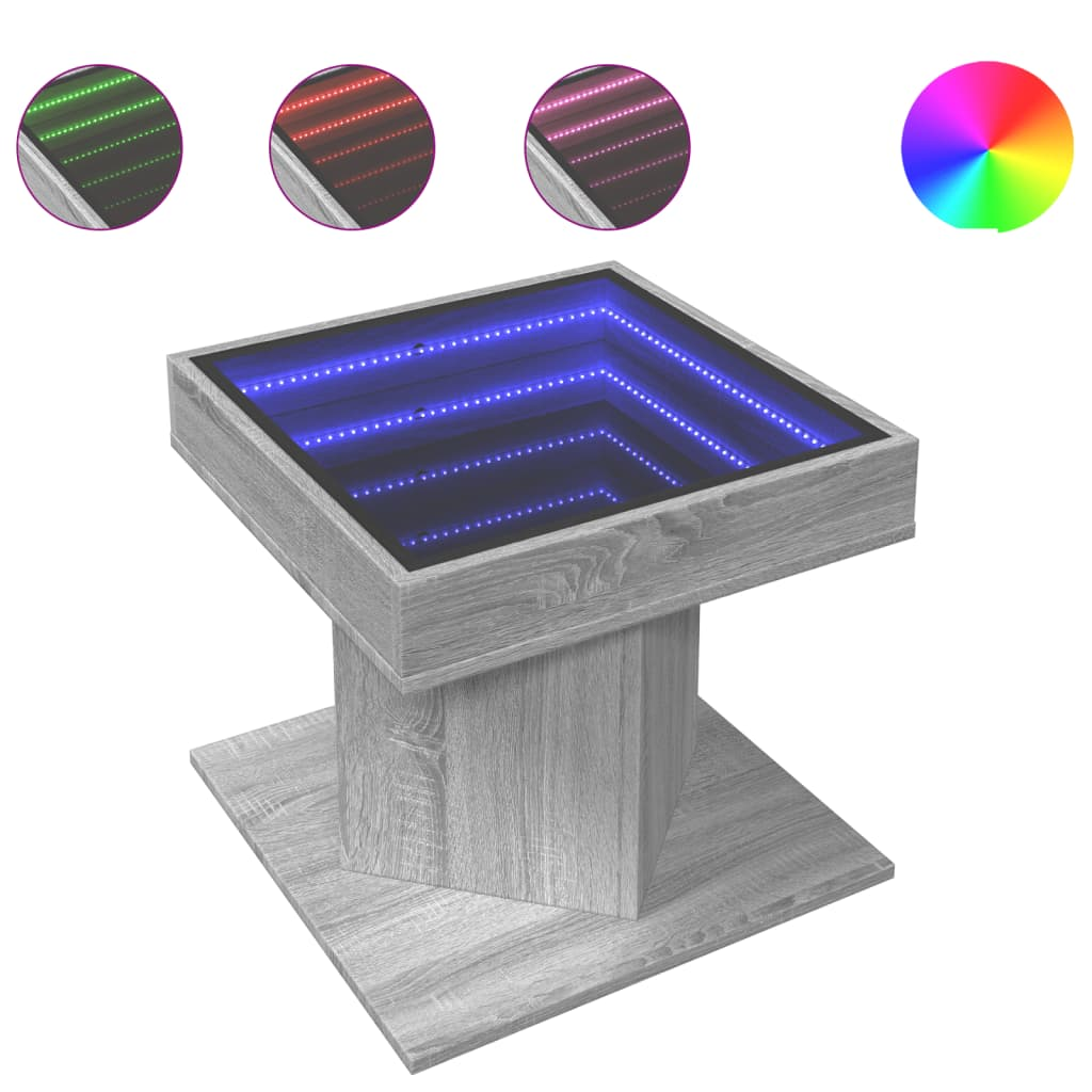 szürke sonoma szerelt fa dohányzóasztal LED-del 50 x 50 x 45 cm (847565)