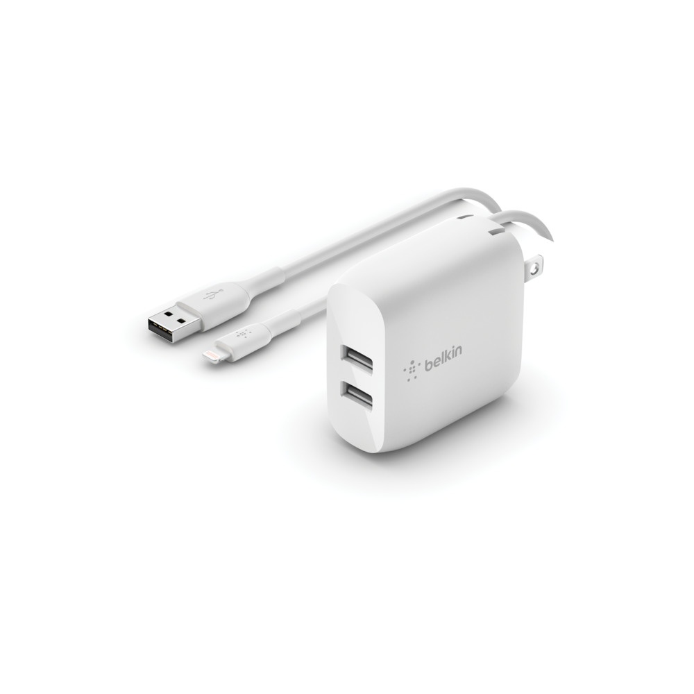 Belkin Boost Charge Dual USB-A Hálózati töltő + USB-A apa - Lightning apa töltőkábel - Fehér (24W) (WCD001VF1MWH)
