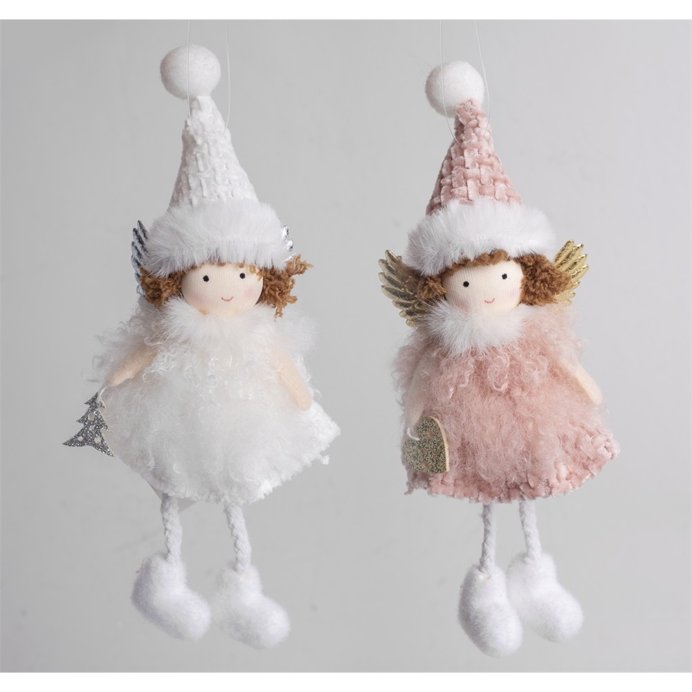 Iris Karácsonyi Felakasztható textil angyal bundás figura 19cm - Fehér / Meleg színek (060561)