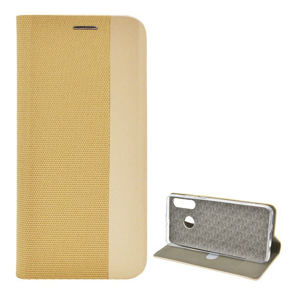 Tok álló, bőr hatású (FLIP, oldalra nyíló, asztali tartó funkció, textil minta) ARANY [Huawei P30 Lite (Nova 4e)] (5996457963195)