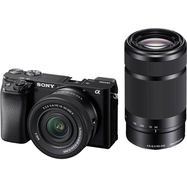 Sony Alpha A6100, fekete + E PZ 16–50 mm f/3,5–5,6 II + E 55–210 mm f/4,5–6,3