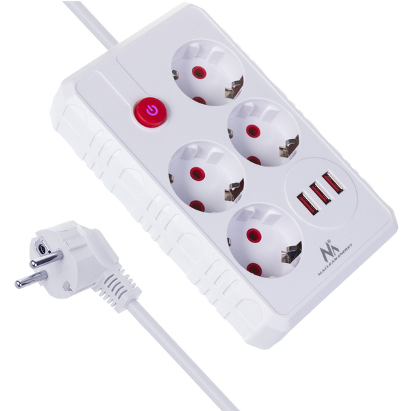 Razdelilec podaljšek MacLean MCE392W s 4 vtičnicami + 3xUSB, 1.5m, bel
