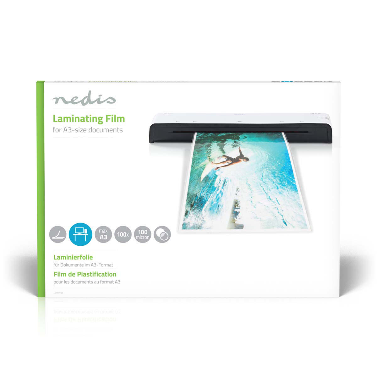 Nedis LAMIA3AT100 100 mikron A3 fényes lamináló fólia (100 db / csomag) (LAMIA3AT100)