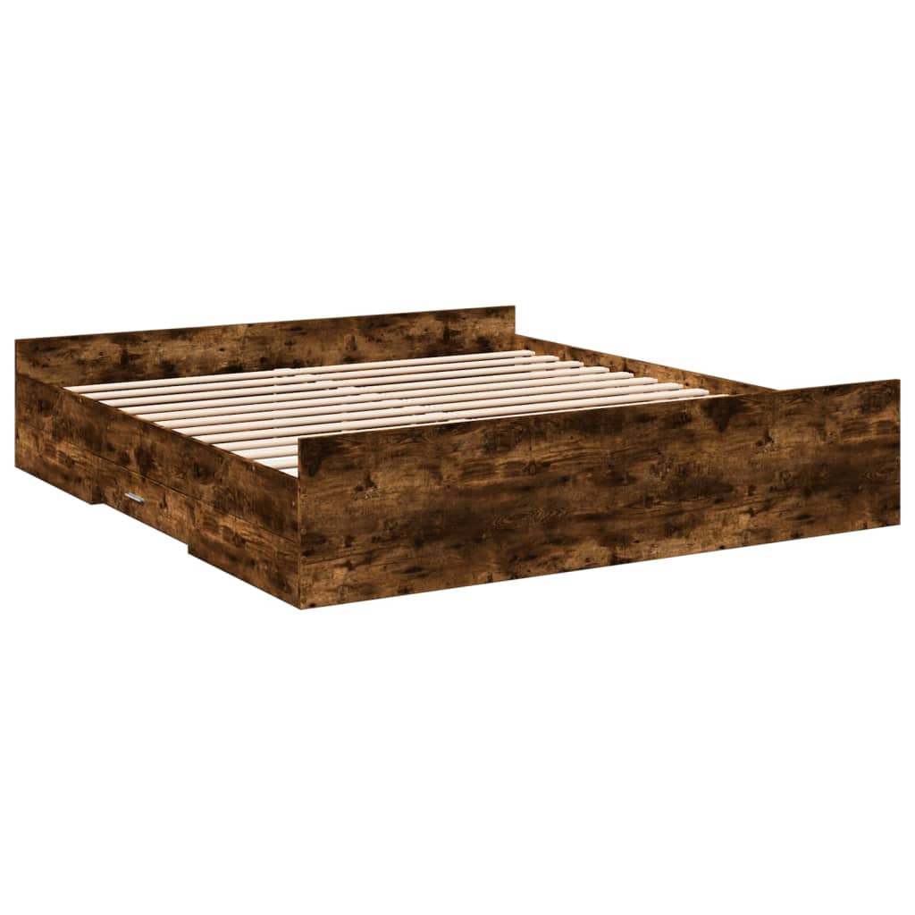 füstös tölgyszínű szerelt fa ágykeret fiókokkal 200 x 200 cm (3280269)