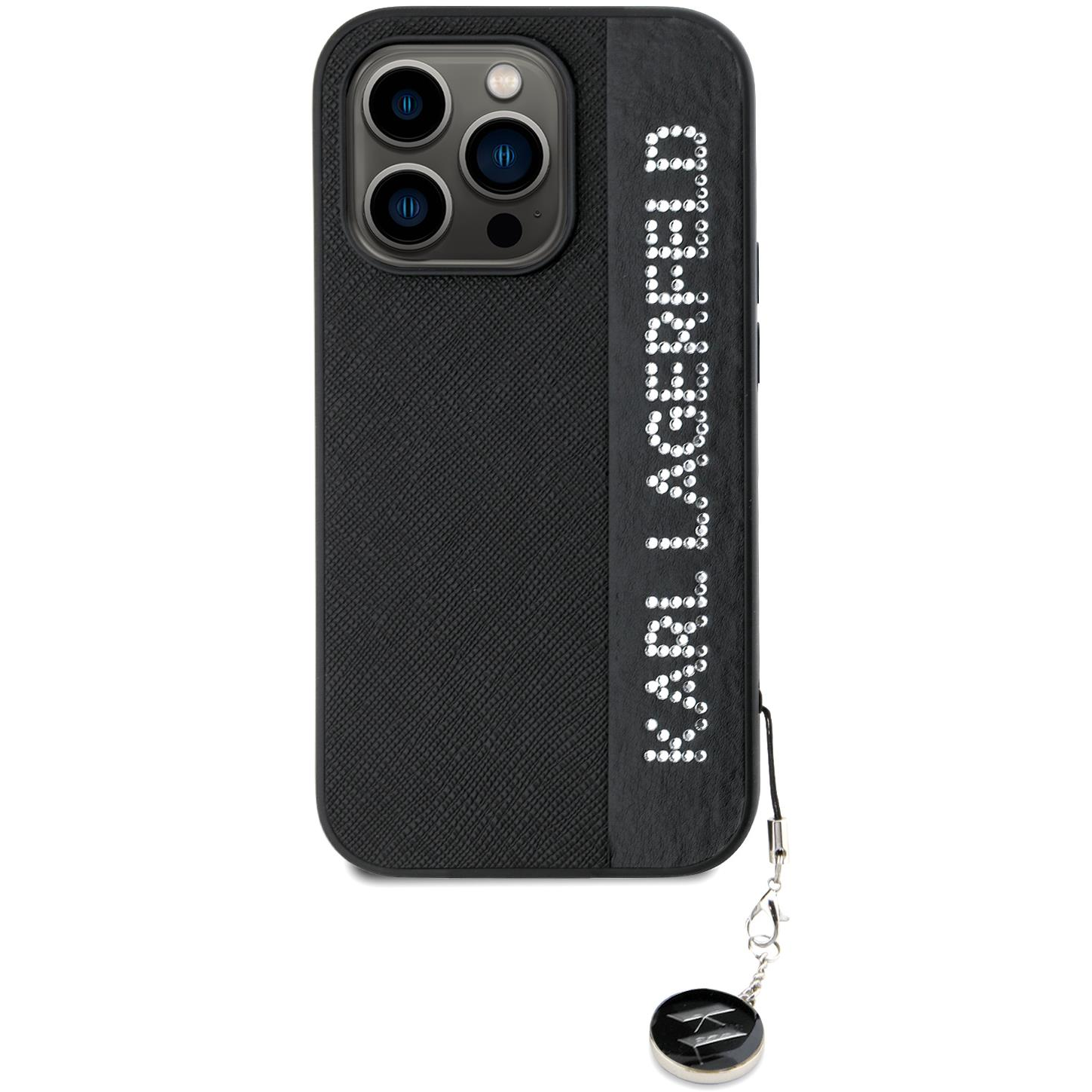 Karl Lagerfeld PU Saffiano Rhinestone Charm iPhone 14 Pro Max fekete tok (KLHCP14XPSAKDGCK)