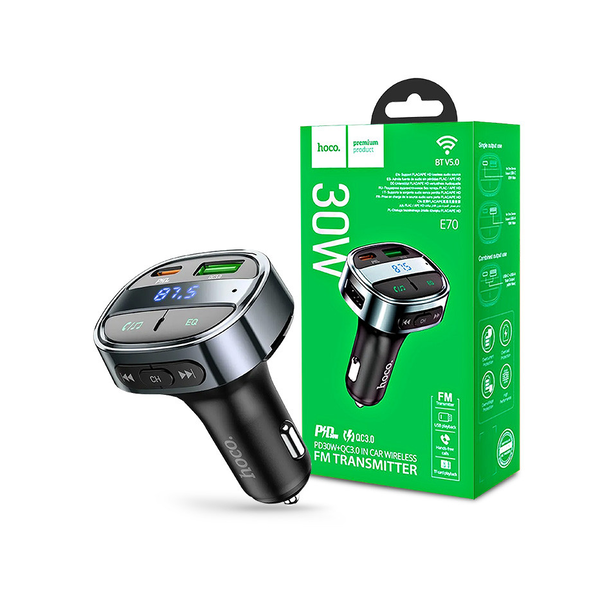 HOCO Bluetooth FM-transmitter/szivargyújtó töltő - 2xUSB + MP3/FLAC + PD30W +   QC 3.0 - HOCO E70 - fekete