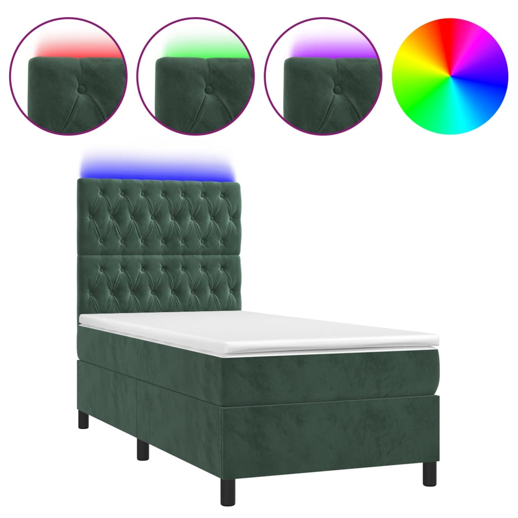 sötétzöld bársony rugós és LED-es ágy matraccal 90x190 cm (3136278)