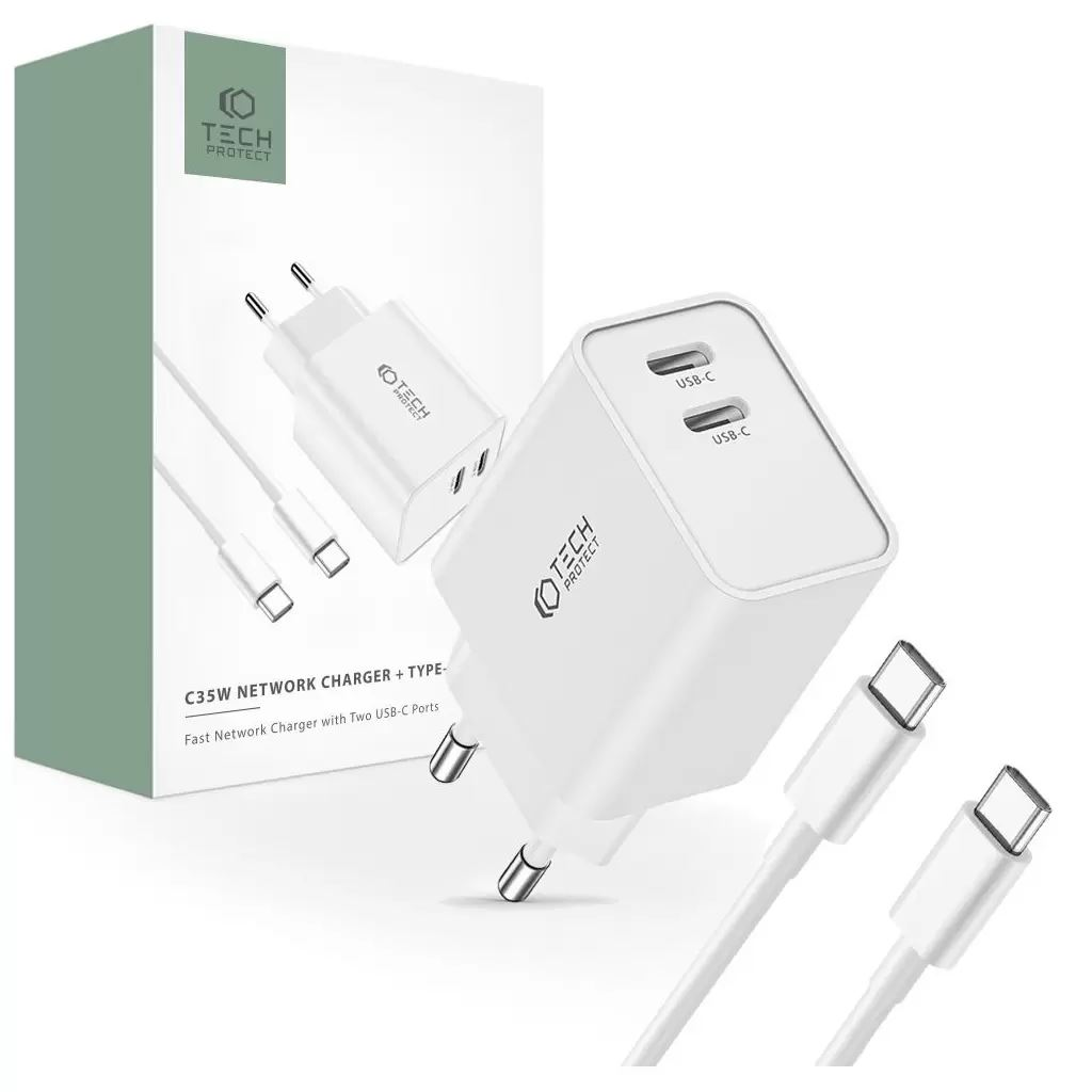 Tech-Protect hálózati töltő szett PD35W 2xUSB-C + USB-C / USB-C fehér (129401) (t129401)