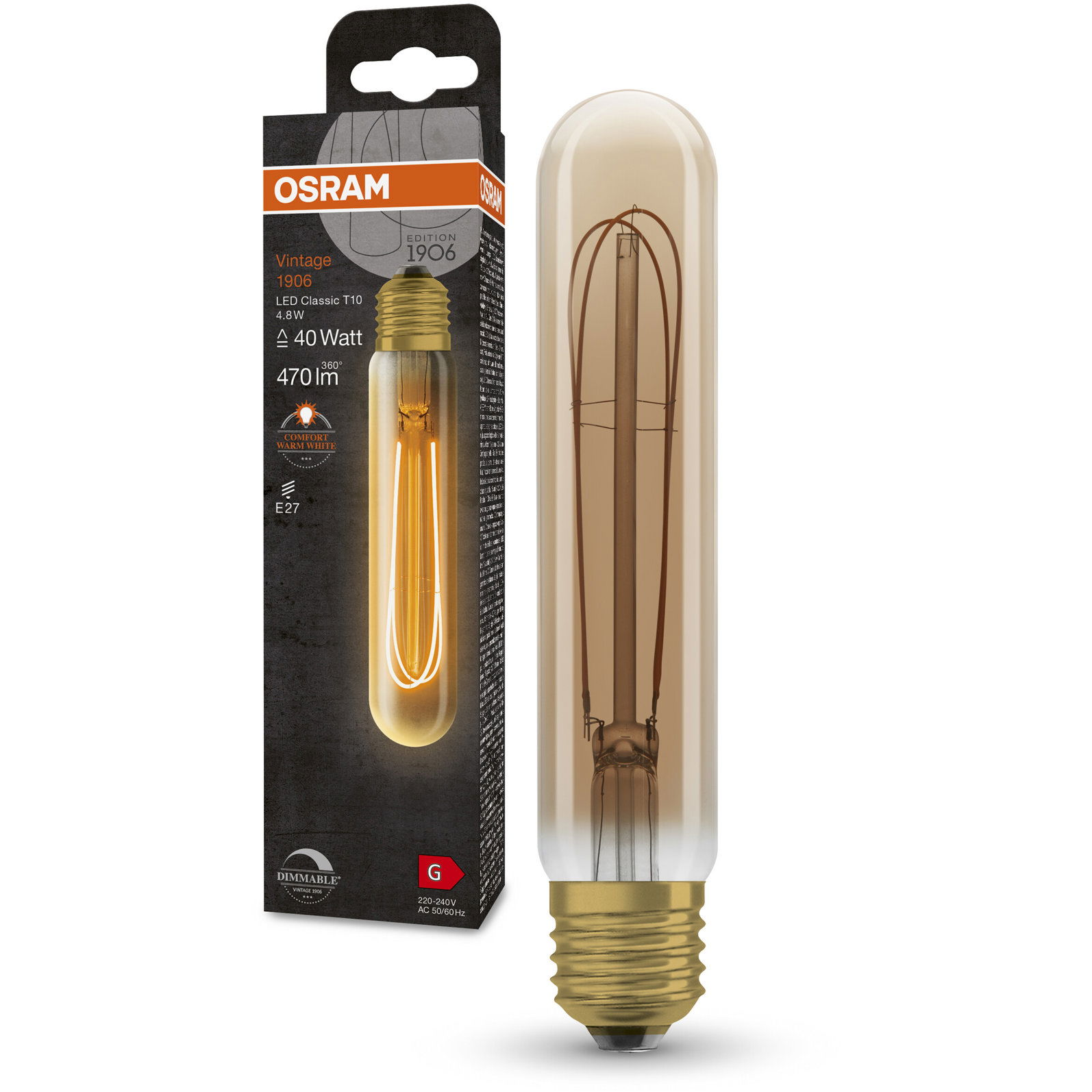 OSRAM LED izzó, csőszerű, VINTAGE, E27, 4,8 W, CLASSIC, meleg fehér (4099854091803)