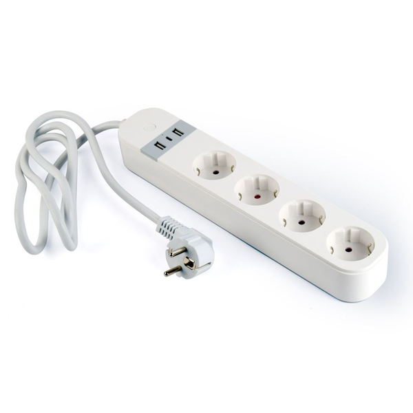 Смарт удължител, GEMBIRD, 4 гнезда, USB, бял
