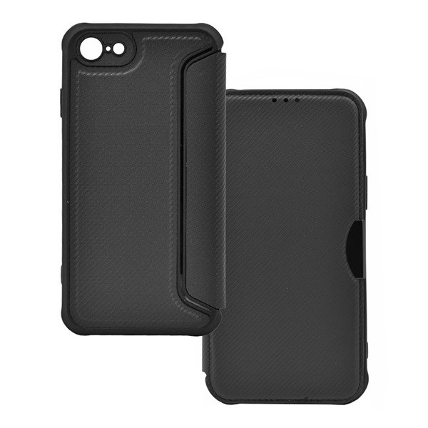 Apple iPhone 7 / 8 / SE (2020) / SE (2022), калъф със странично отваряне, ъгъл с въздушна възглавница, кожен ефект, карбонов модел, Razor Book, черен (RS129181)