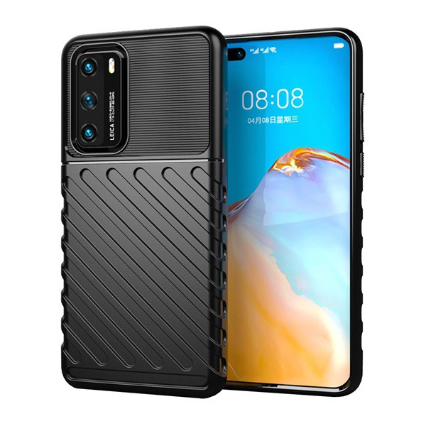 Szilikon telefonvédő (közepesen ütésálló, csíkos, dombor minta) FEKETE [Huawei P40] (5996457971688)