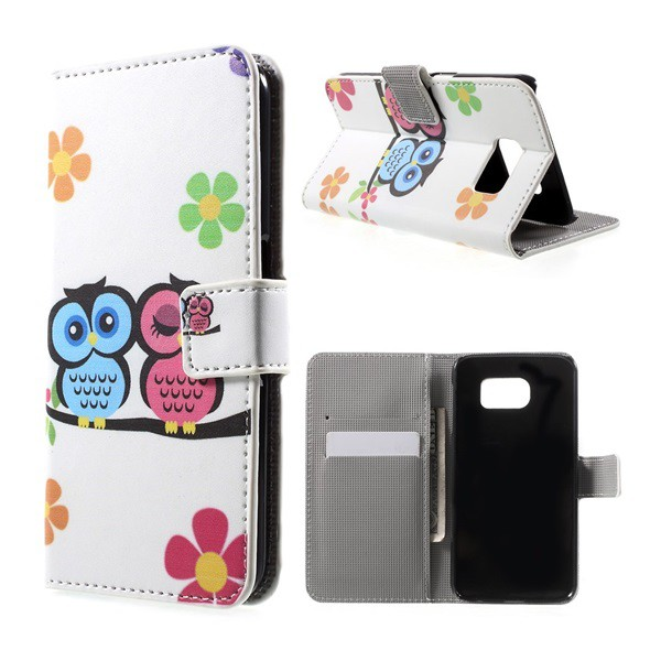 Tok álló, bőr hatású (FLIP, oldalra nyíló, asztali tartó funkció, virág, bagoly minta) FEHÉR [Samsung Galaxy S6 (SM-G920)] (5996457535729)