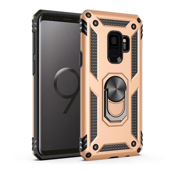 Samsung Galaxy S9 SM-G960, Műanyag hátlap védőtok, közepesen ütésálló, szilikon belső, telefontartó gyűrű, Defender, arany (RS93353)