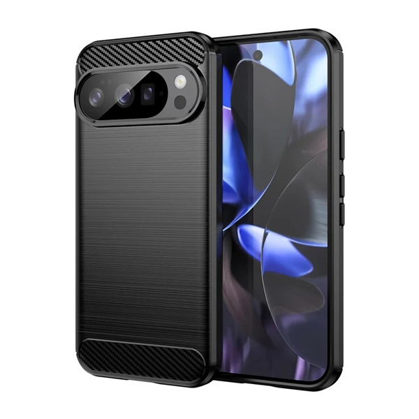 Szilikon telefonvédő (ütésállóság, légpárnás sarok, szálcsiszolt, karbon minta) FEKETE Google Pixel 10 "Gigapack csomagolás" (GP-174338)
