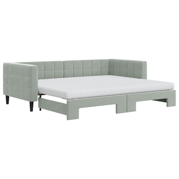 Pat de zi cu extensie și saltele, gri deschis 90x200 cm catifea
