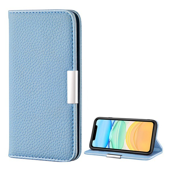 Tok álló, bőr hatású (FLIP, oldalra nyíló, asztali tartó funkció, mágneses, elegáns fémcsat, prémium) VILÁGOSKÉK [Apple iPhone 12 mini] (5996591012728)