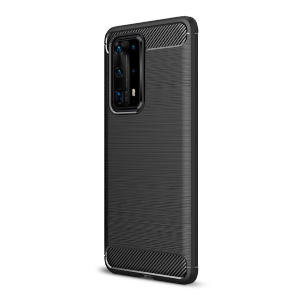 Szilikon telefonvédő (közepesen ütésálló, légpárnás sarok, szálcsiszolt, karbon minta) FEKETE [Huawei P40 Pro+ 5G] (5996457961443)