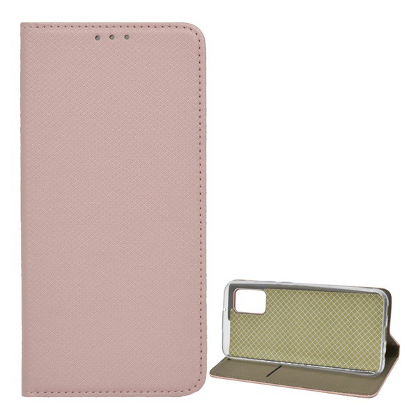 Tok álló, bőr hatású (FLIP, oldalra nyíló, asztali tartó funkció, rombusz minta) ROZÉARANY [Samsung Galaxy A02s (SM-A025F)] (5996591032573)