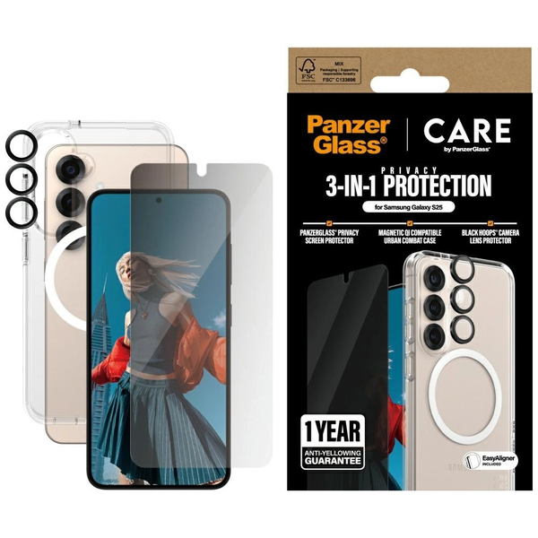 PanzerGlass ® | CARE by ® Flagship 3-in-1 Privacy Bundle Samsung Galaxy S25 Klar skærmbeskytter 1 stk