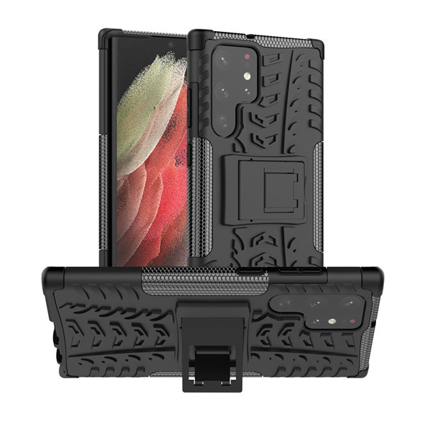 Defender műanyag telefonvédő (közepesen ütésálló, szilikon belső, kitámasztó, autógumi minta) FEKETE [Samsung Galaxy S22 Ultra 5G (SM-S908)] (5996591118918)