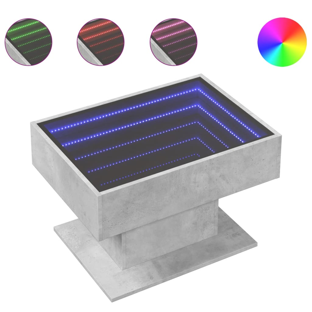betonszürke szerelt fa dohányzóasztal LED-del 70 x 50 x 45 cm (847535)