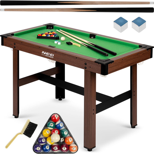 Biliárdasztal, Neo-Sport NS-807, zöld, 122 x 61 x 76 cm, állítható lábak, 16 db golyó, 2 dákó 92 cm, 1 háromszög, 2 kréta