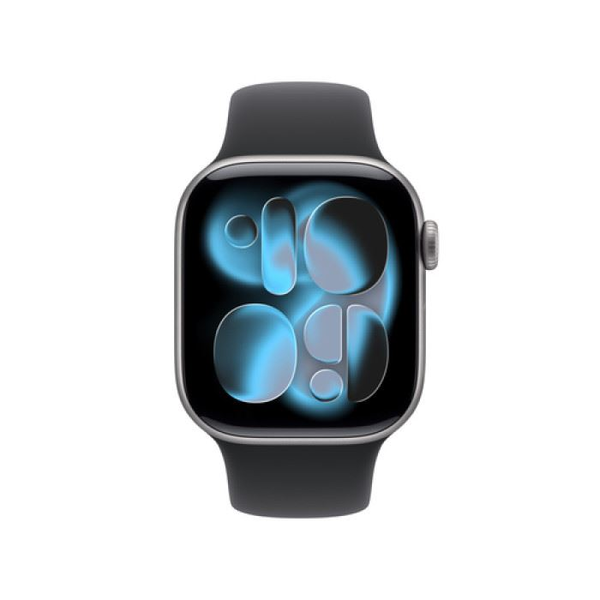 Apple Watch Series 11 42 мм, космическо сиво, алуминиева спортна каишка, черно