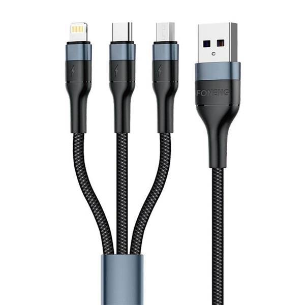 Foneng X51 USB-A - USB-C/Lightning/MicroUSB töltőkábel 1m fekete-szürke (6970462515579) (6970462515579)