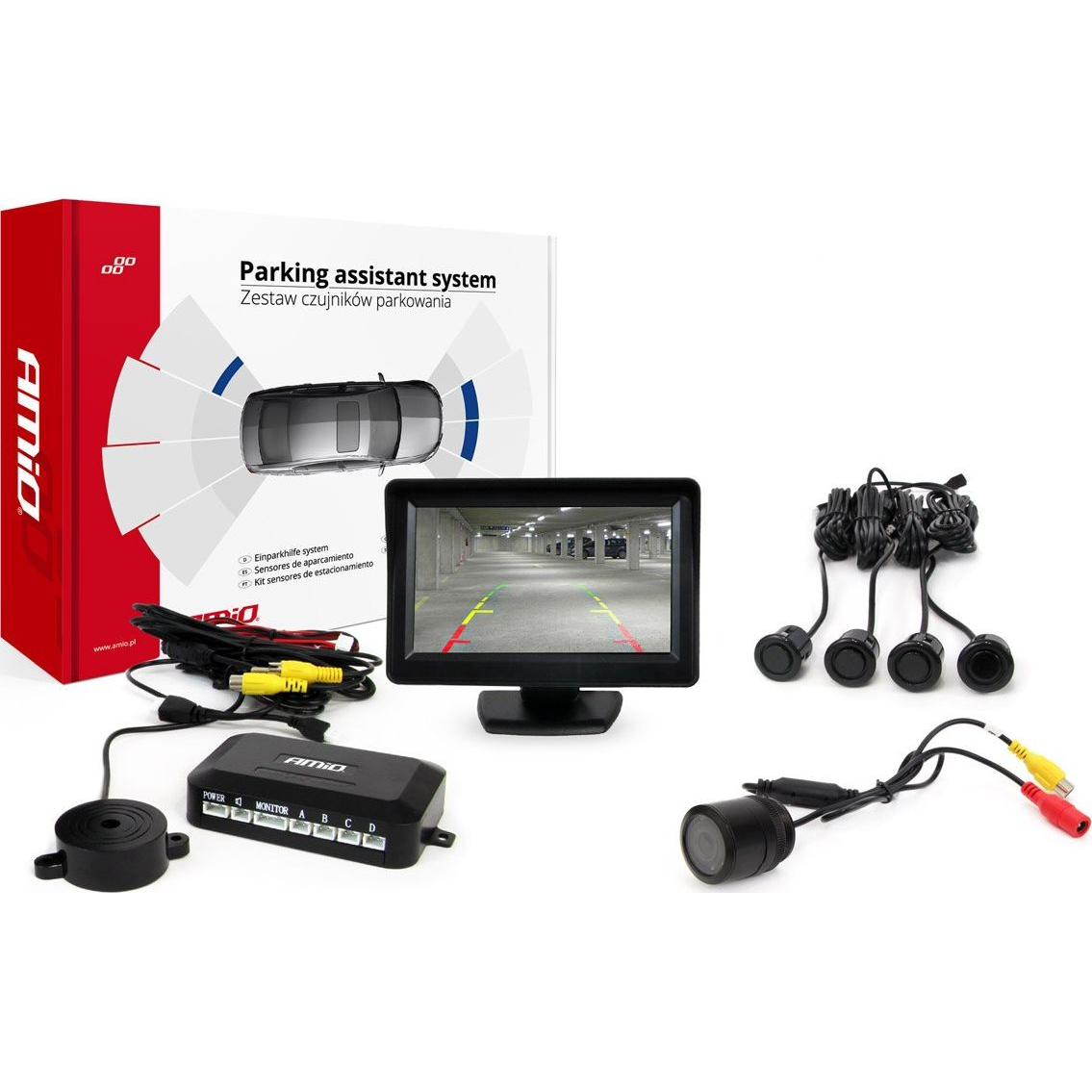 Amio Tolatóradar 4 Darab Fekete 18 mm-es Szenzorral, 4.3" Tft Monitorral + Éjjellátó (AMI-01580)